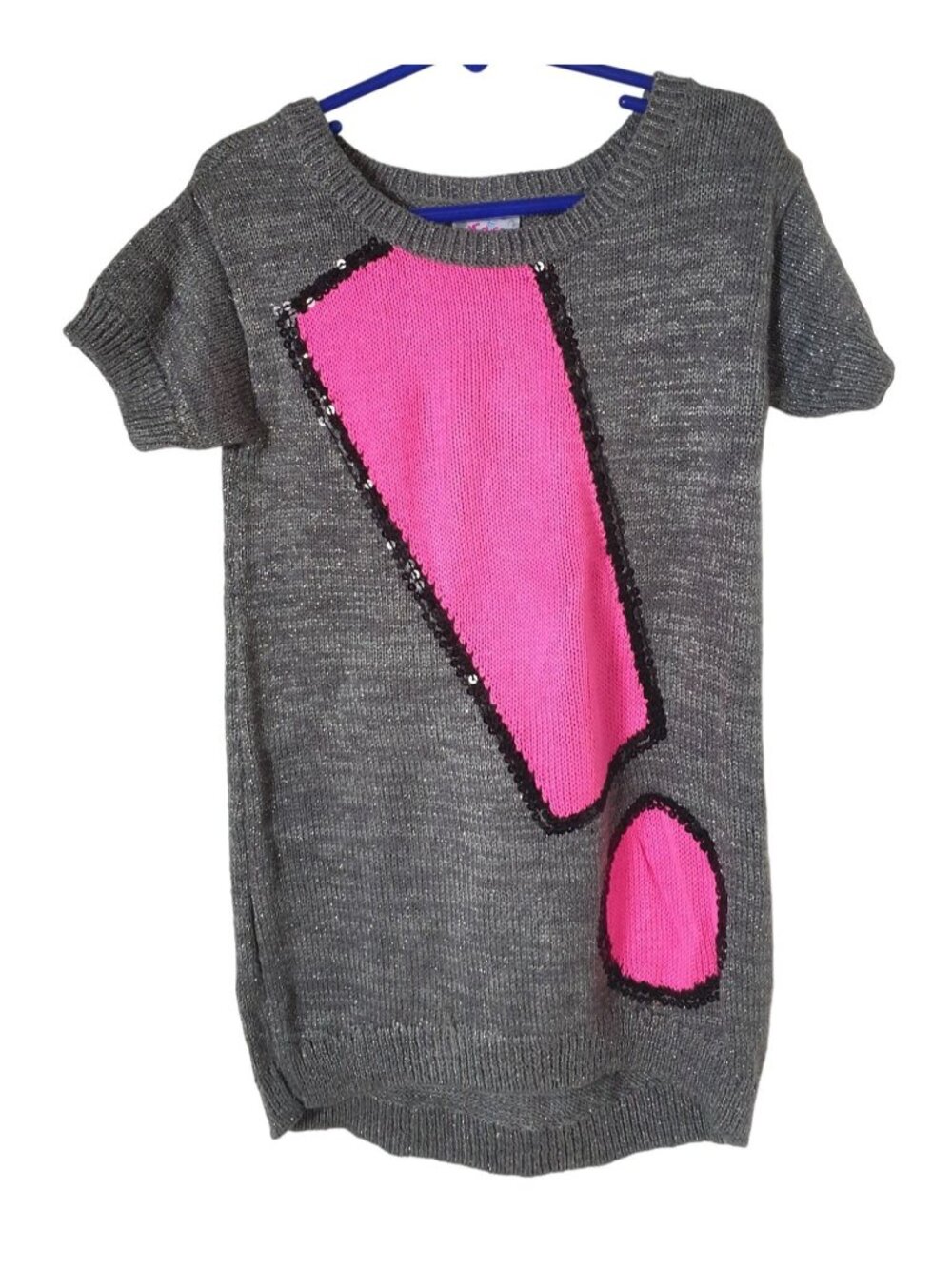 Justice Girls 7 Tunic Sweater Pink Exclamation Design Sequins Gray Knit School
